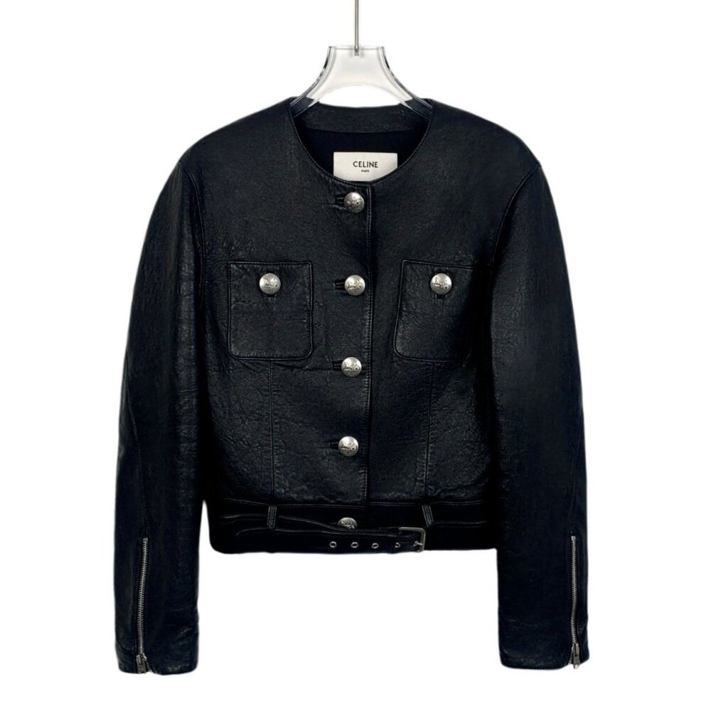 Celine Womens Black Lambskin Leather Buttoned Jacket With Belt & Zipper Details